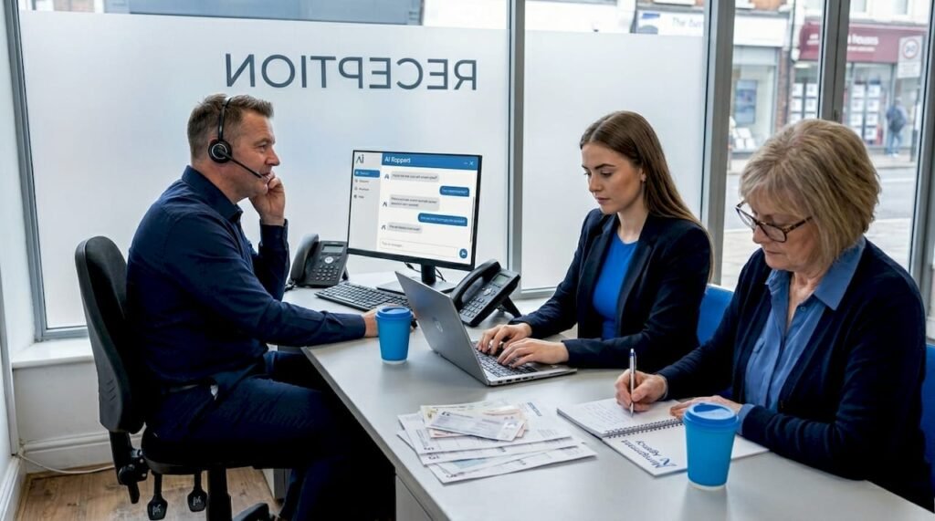 Small UK office staff interacting with AI system
