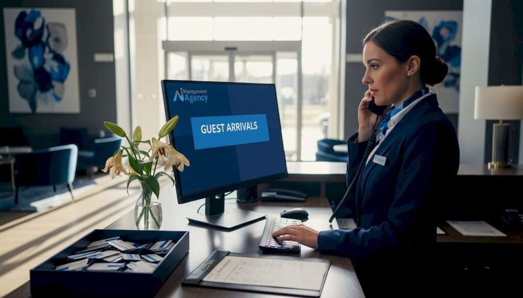Hotel receptionist multitasking at front desk