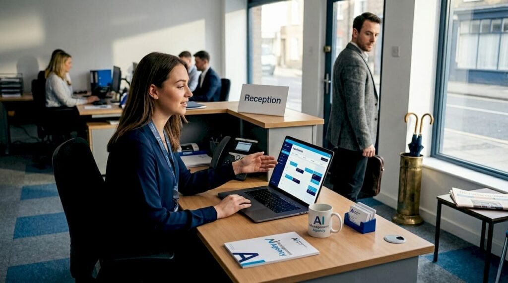 Receptionist greeting visitor in UK office