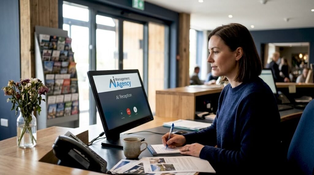 Receptionist using AI call system at busy front desk