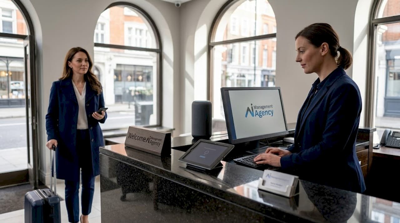 Hotel receptionist using a voice assistant