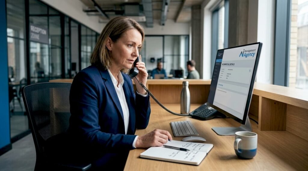 Receptionist handling hotel phone call routing