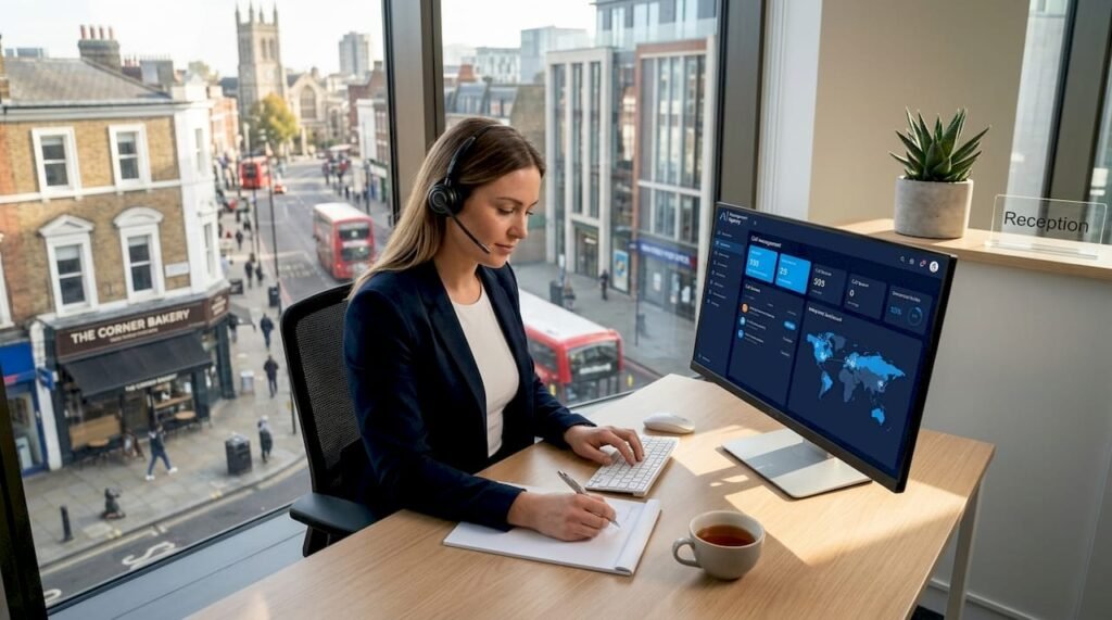 Woman using AI receptionist at UK office desk