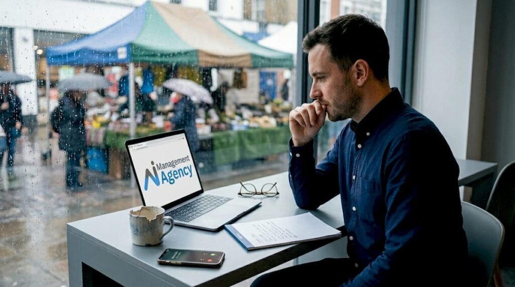 Small business owner at cluttered UK office desk