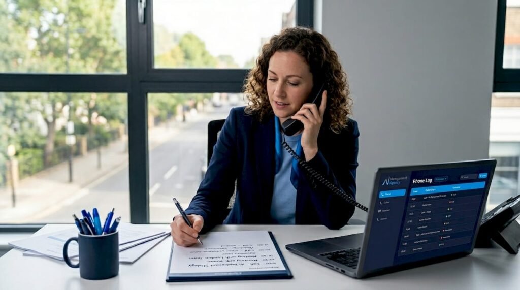 Woman answering phone in UK shop office