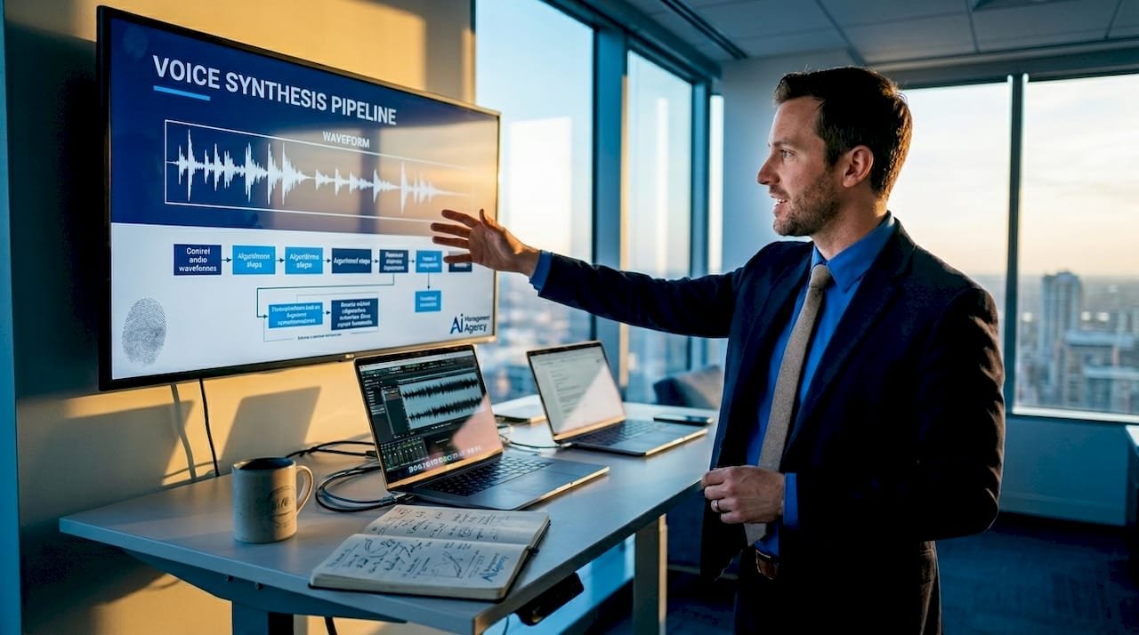 Manager explaining voice synthesis workflow