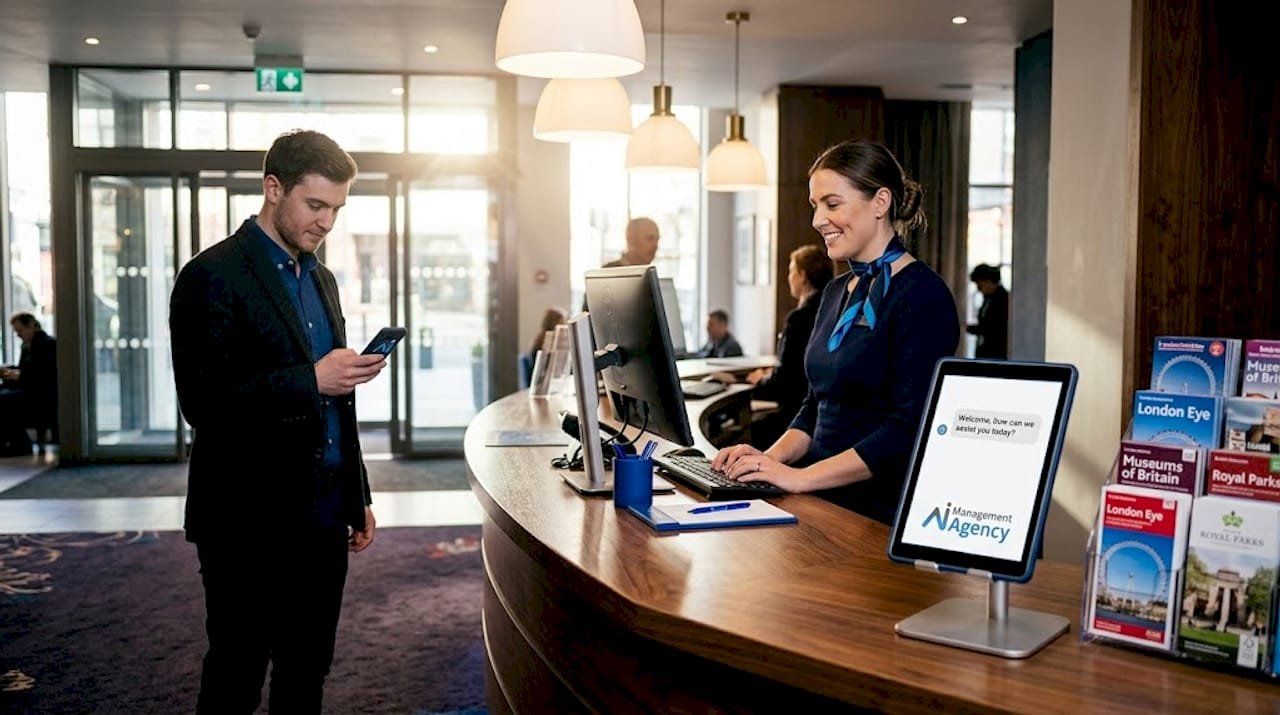 Hotel lobby front desk with AI chatbot display