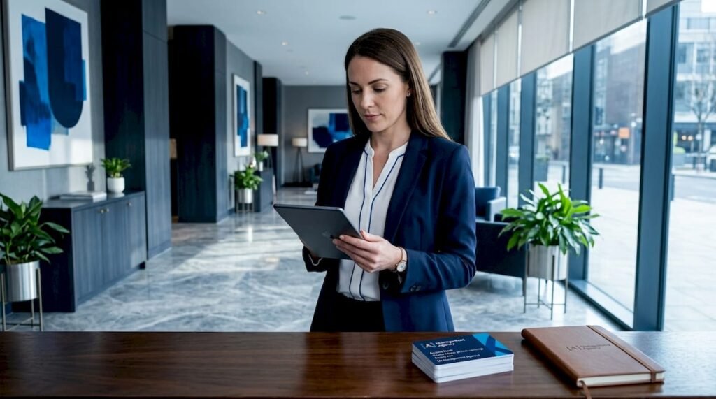 Hotel manager checks AI system in lobby