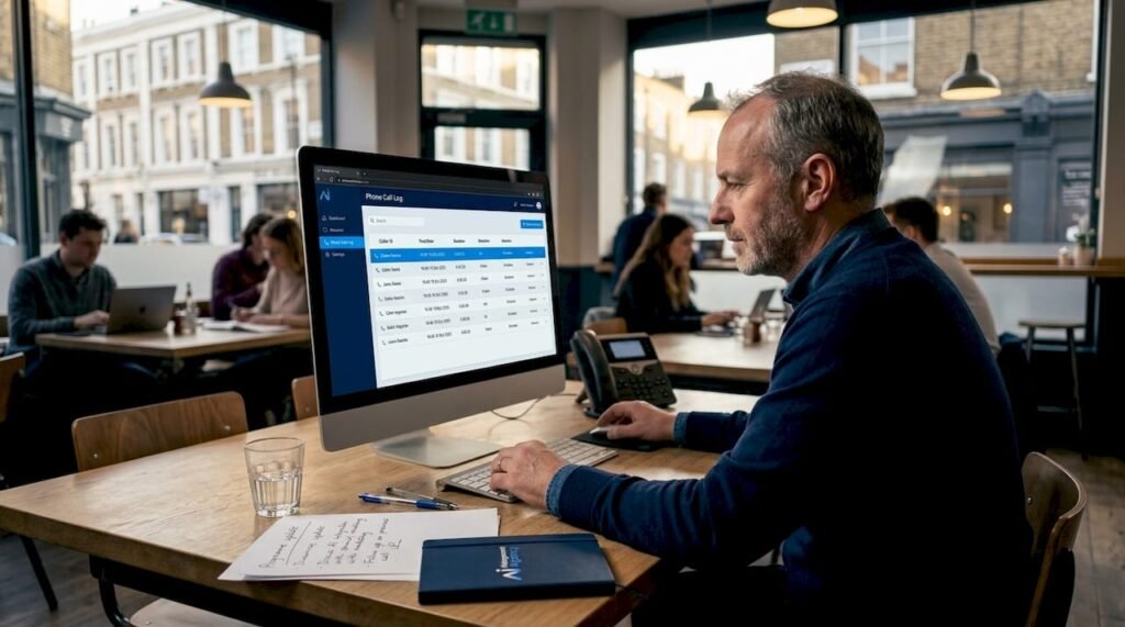 Office manager reviews call log in workspace