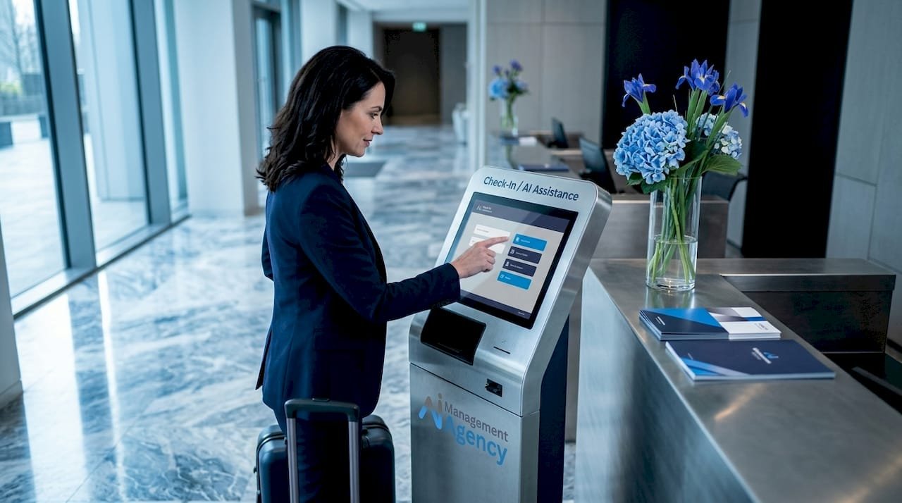 Hotel guest using touchscreen AI check-in