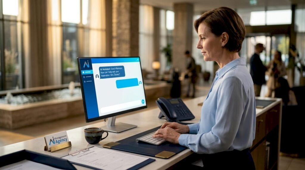 Hotel receptionist engaging with AI chatbot at desk