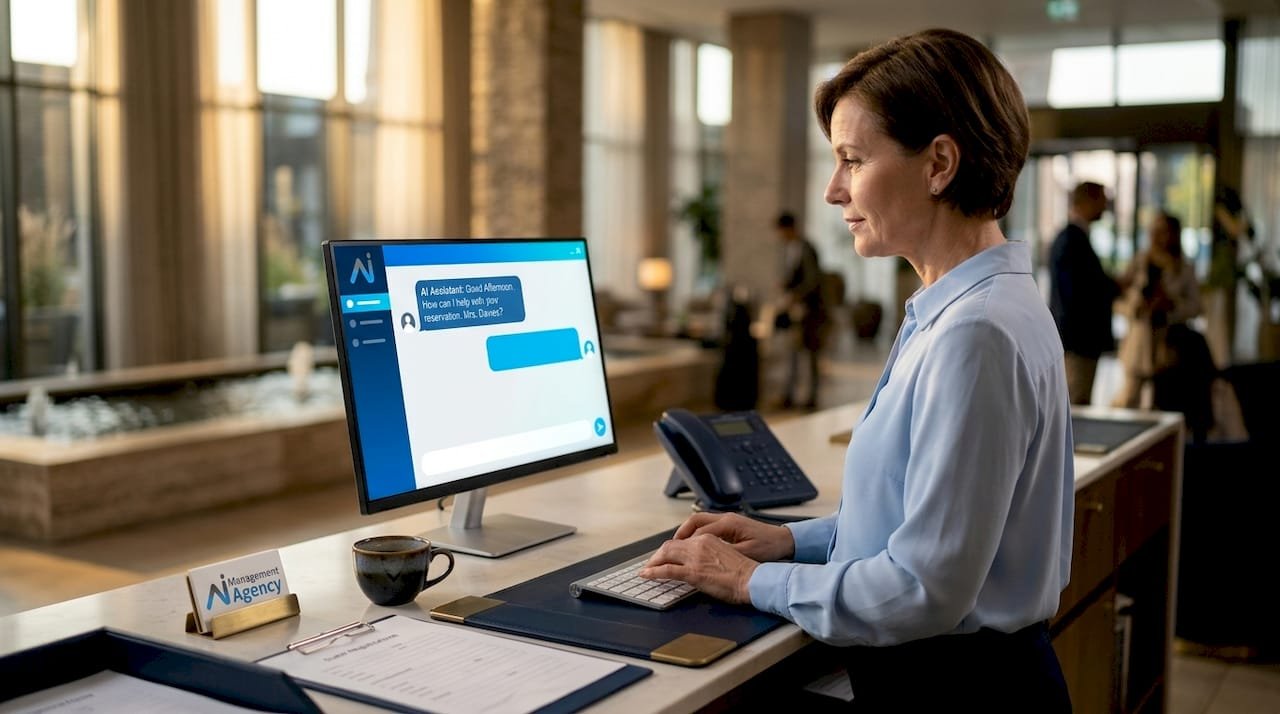 Hotel receptionist engaging with AI chatbot at desk