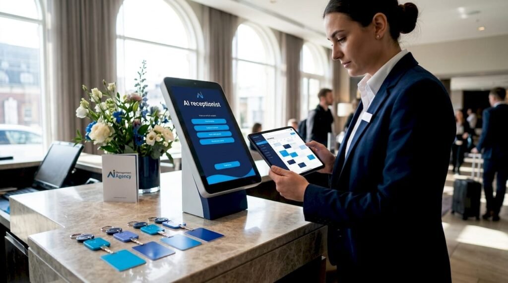 Hotel front desk with AI receptionist kiosk and staff