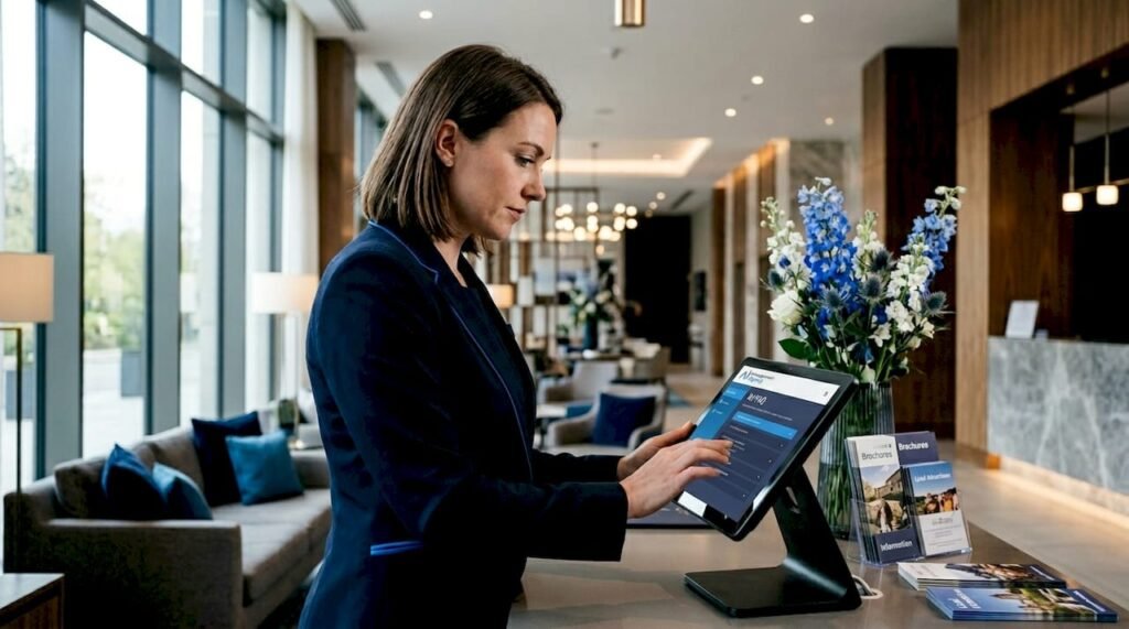 Hotel receptionist using AI FAQ system at front desk