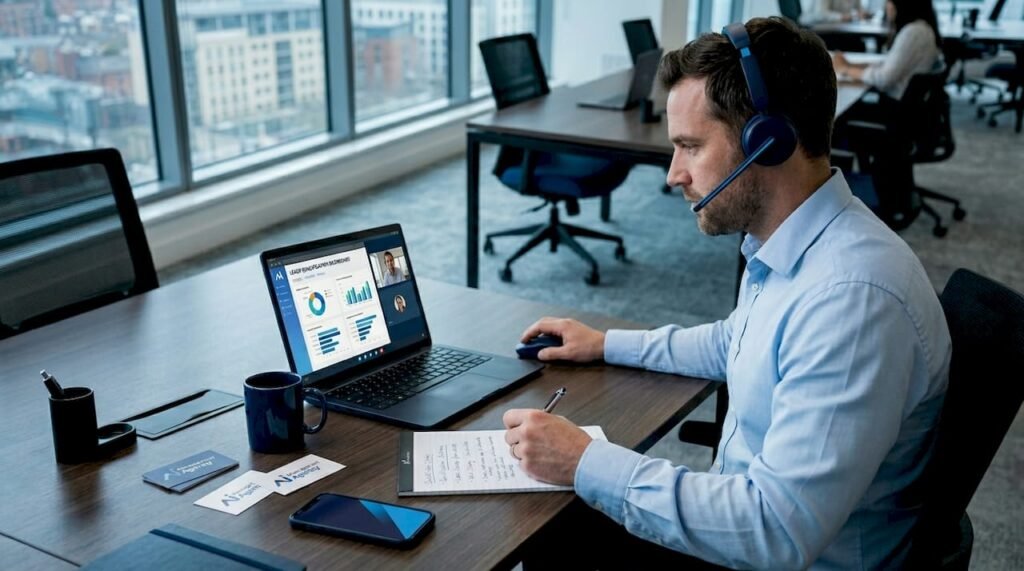 Businessman conducting sales qualification call