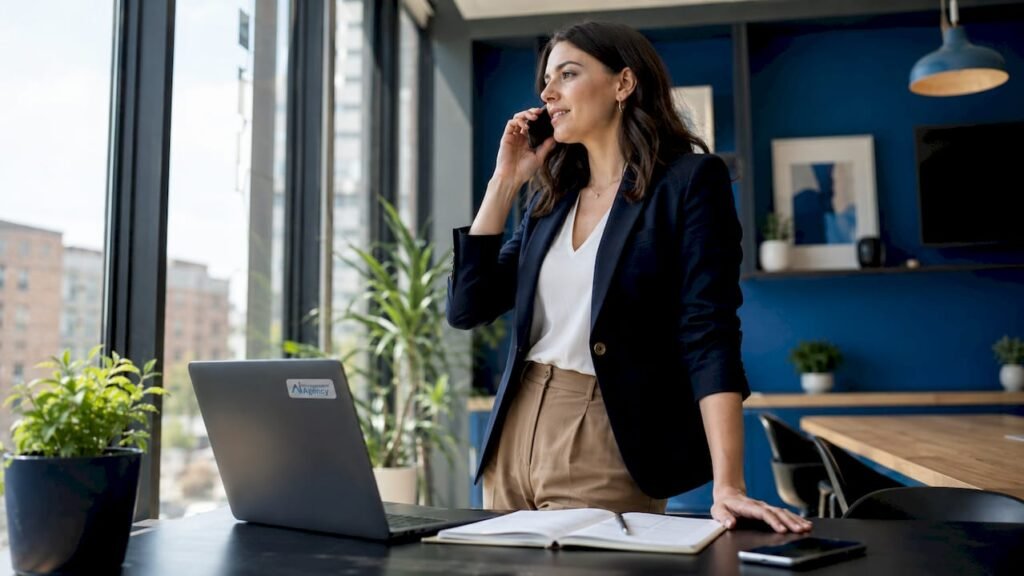 Small business owner answering phone call at desk