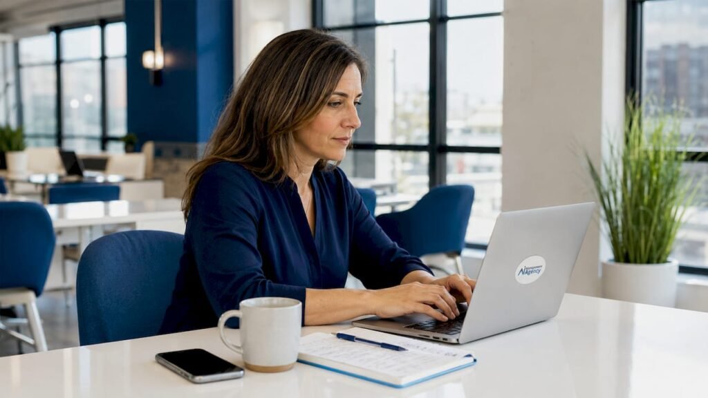 Small business owner setting up automation on laptop at desk