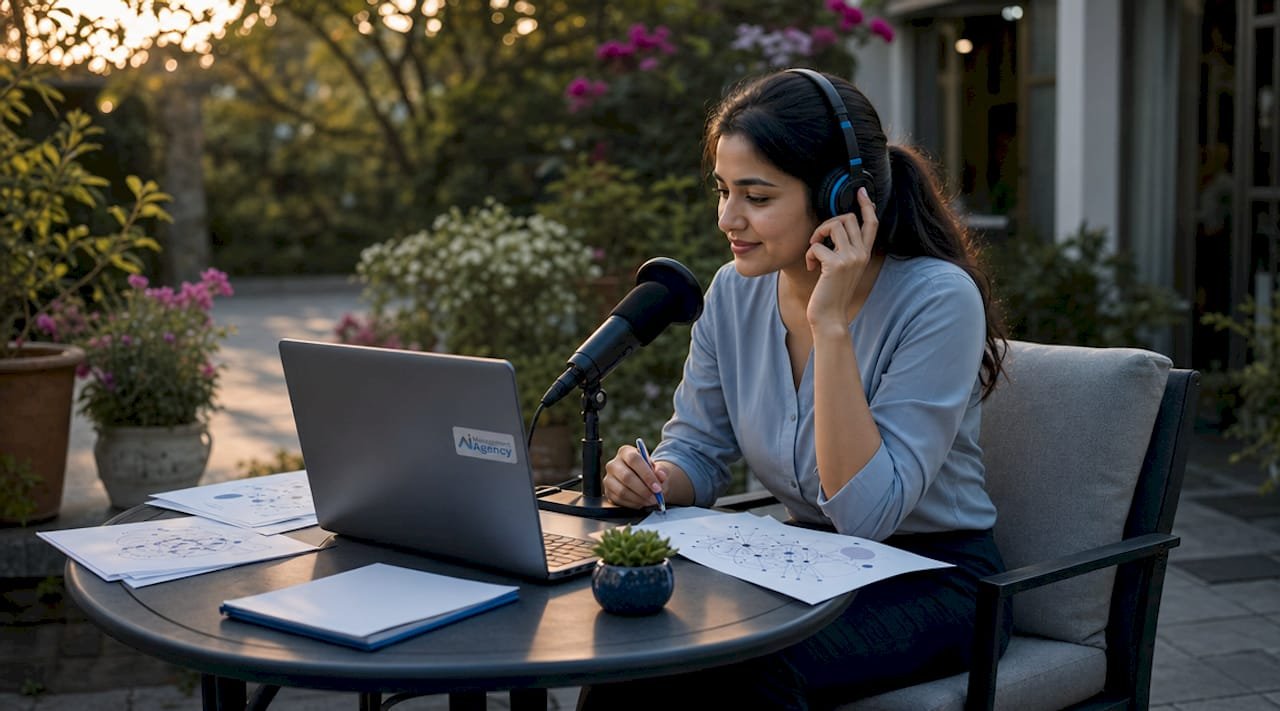 Woman using multilingual AI agent at desk