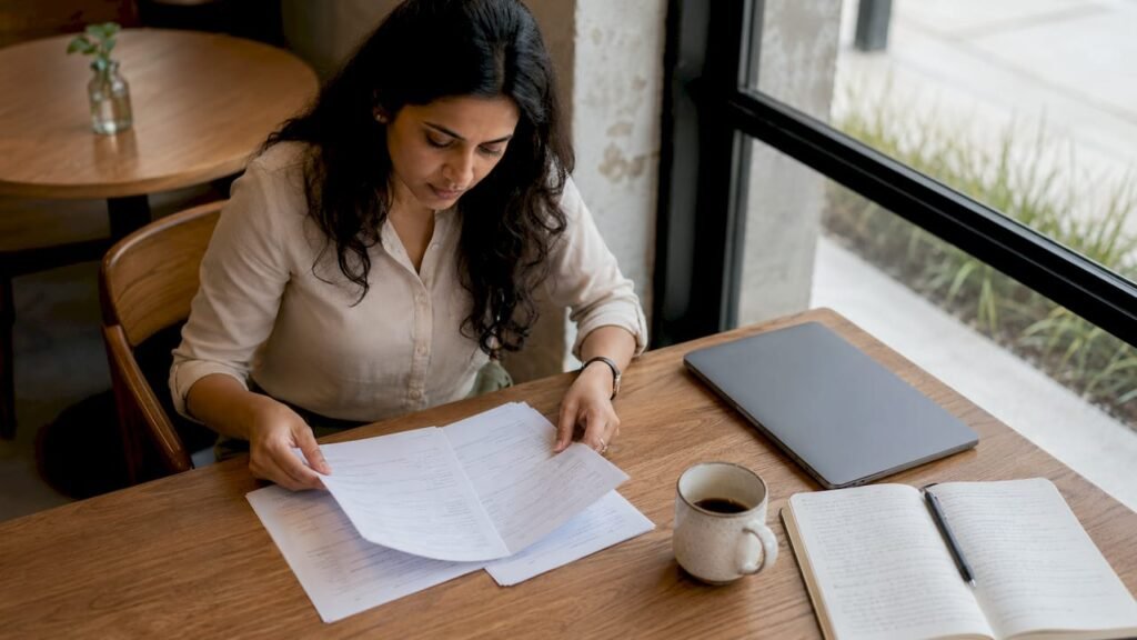 Woman reviewing customer enquiry forms at desk
