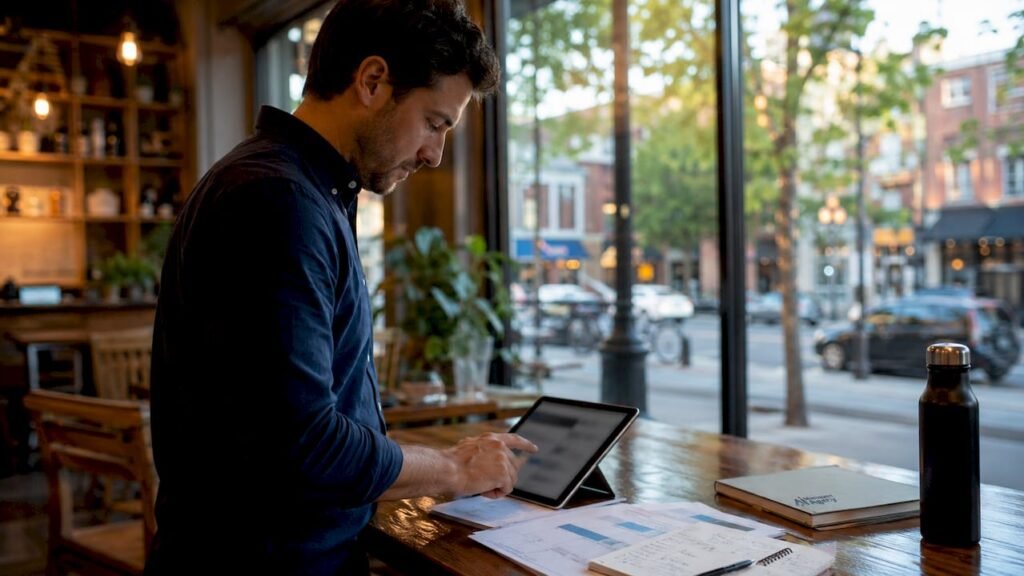 Man using AI booking system in office
