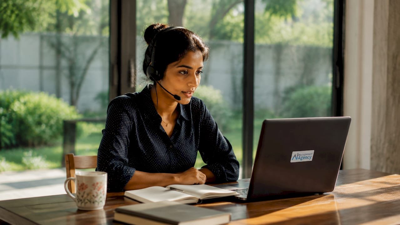 Woman using AI receptionist headset at home office