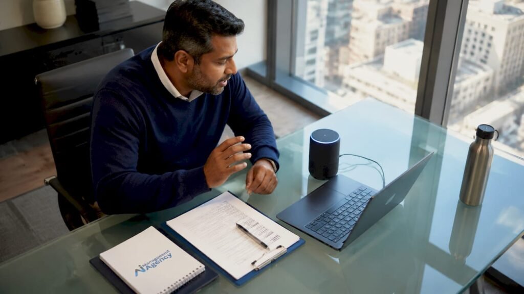 Small business owner using voice-controlled assistant