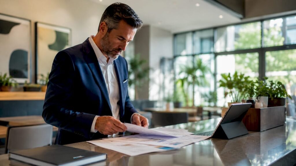 Hotel manager reviewing AI tool documents