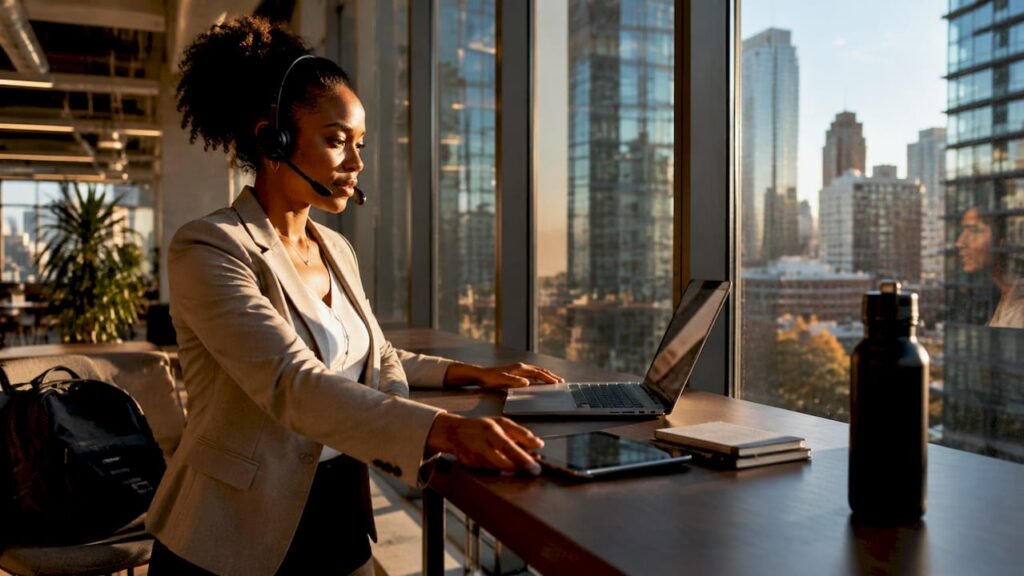 Woman monitoring AI call quality at desk