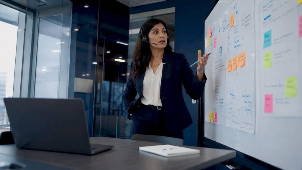 Businesswoman interacting with virtual agent headset