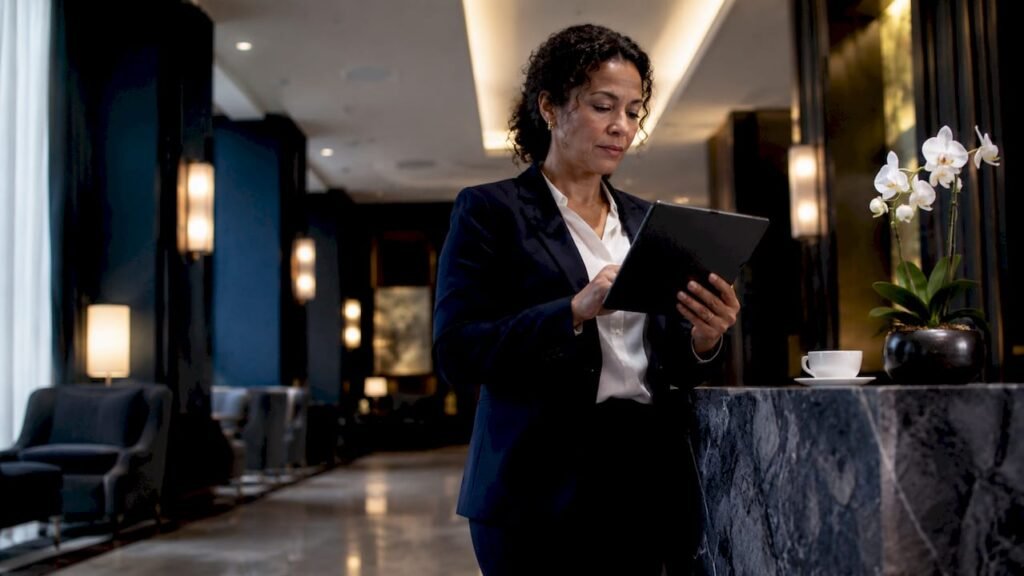 Hotel manager using AI tablet at hotel reception