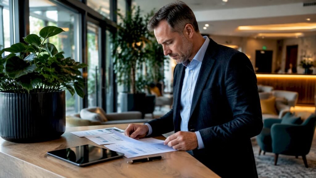 Hotel manager reviewing AI integration reports