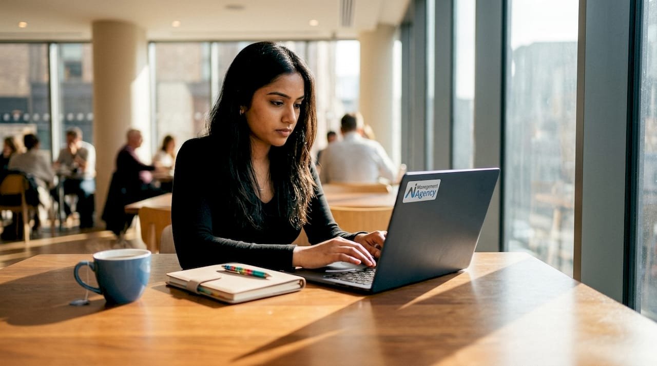Woman entering client details at home office desk