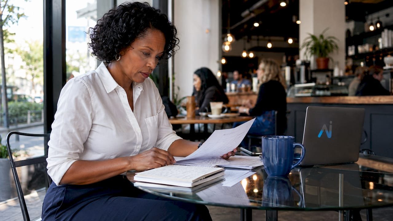 Businesswoman organizing sales booking paperwork at home