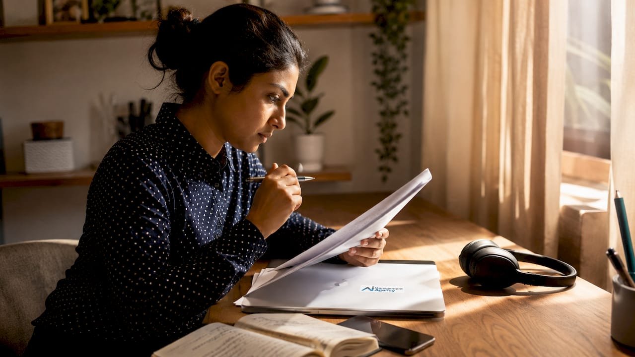 Woman managing AI customer support at desk