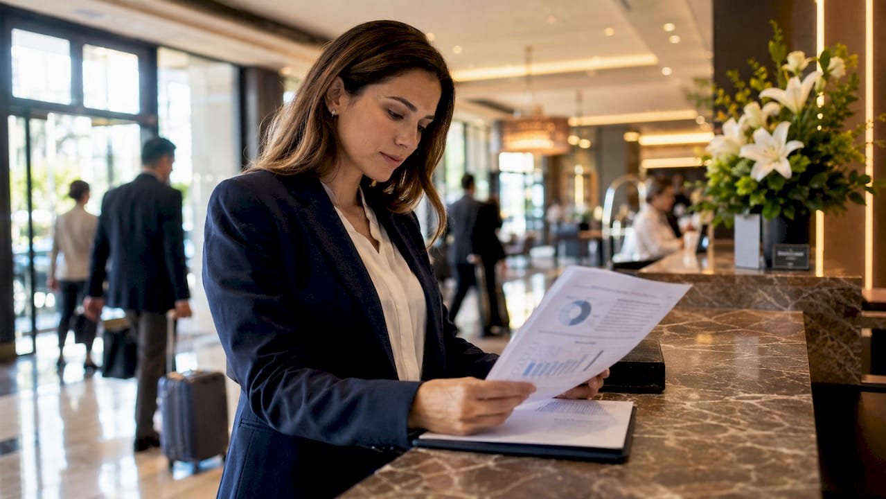 Hotel manager working on AI integration laptop