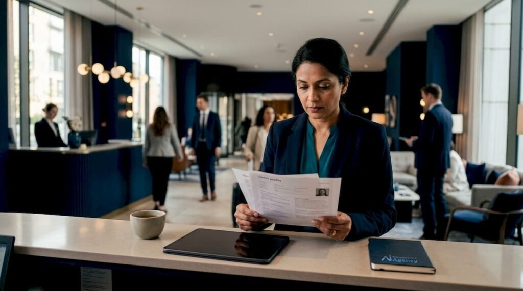 Hotel manager at reception desk using laptop