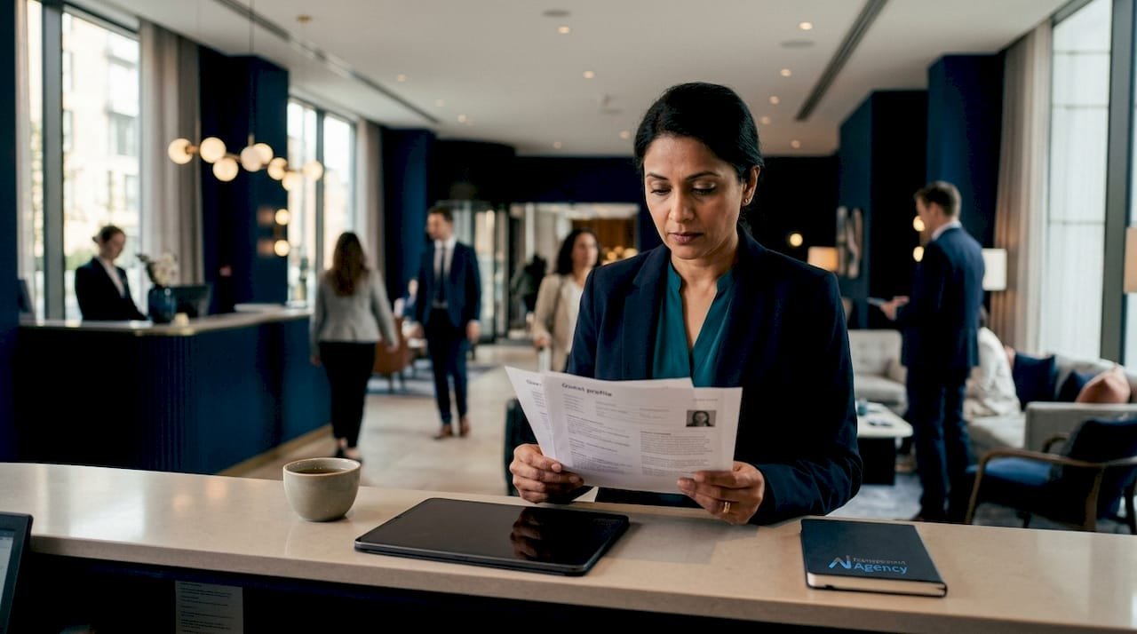 Hotel manager at reception desk using laptop